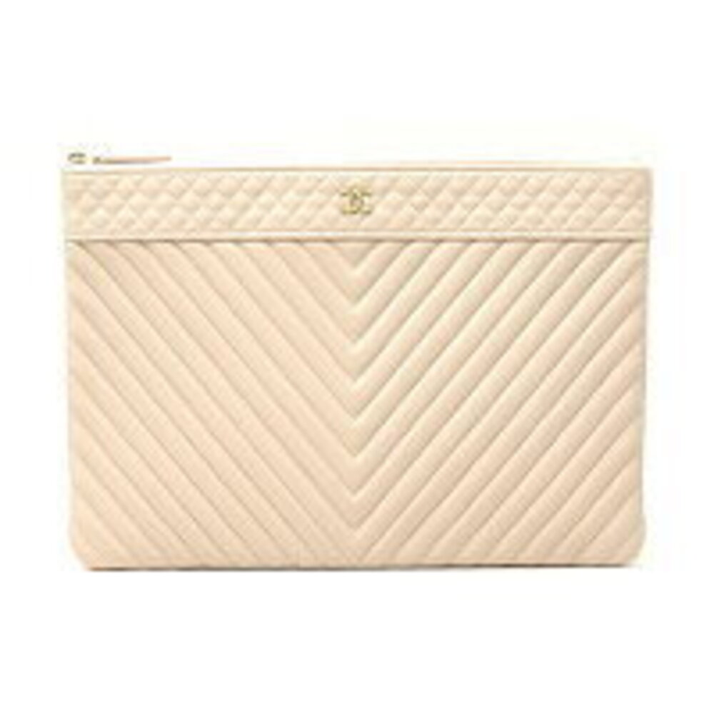 Chanel Chevron V Stitch Clutch Bag Caviar Leather Pink Beige